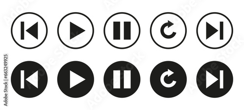 Button icons: play, pause, repeat, previous, next. A set of symbols for playback. multimedia icons. Set of multimedia icons. Player button icons black and white. Vector set of buttons for video player