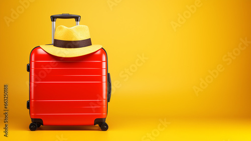 Red suitcase with hat on yellow background. Travel and vacation concept. generativa IA