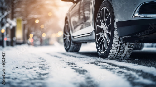 car tyre on a snowy road in winter © l1gend