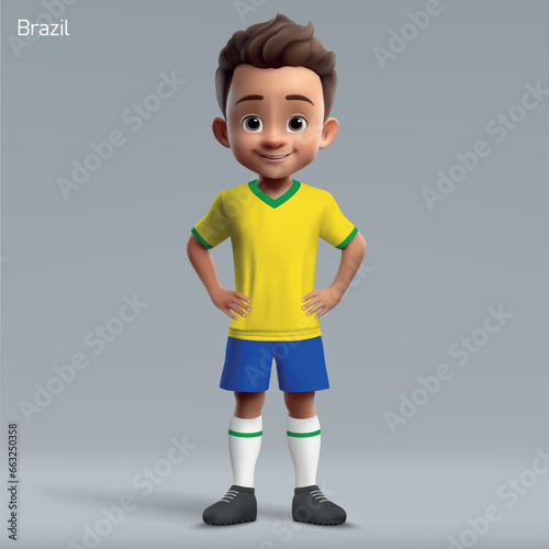 3d cartoon cute young soccer player in Brazil national team kit