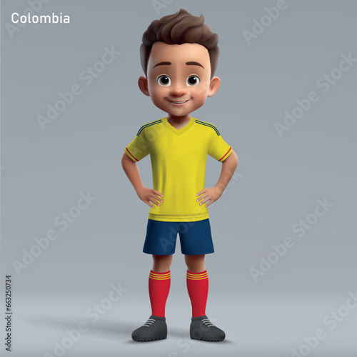 3d cartoon cute young soccer player in Colombia national team kit