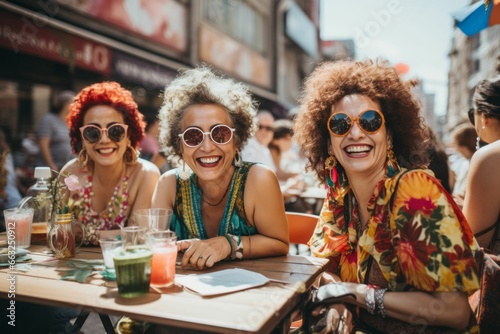 Lebensfrohe ältere Frauen feiern ausgelassen auf Straßenfest - Spaß, Glück und Freude bei Cocktails und Drinks bei einer Party