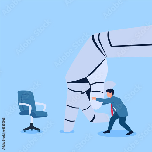 intelligent robot hand blocks people towards workers' seats, a metaphor of racing with artificial intelligence. Flat conceptual illustration.