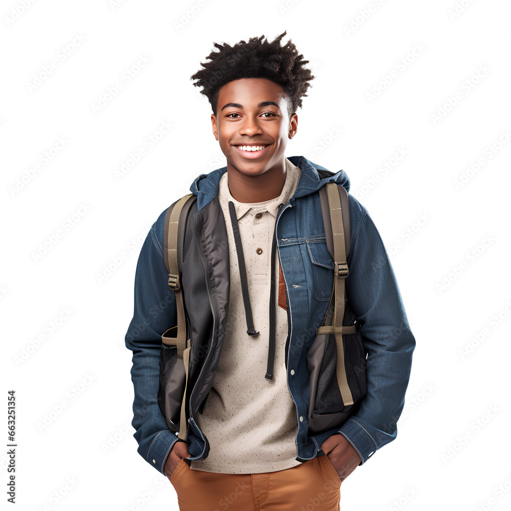 Black teenage boy carrying a backpack stands and smiles, on a transparent background Black teenage boy carrying a backpack stands and smiles, on a transparent background