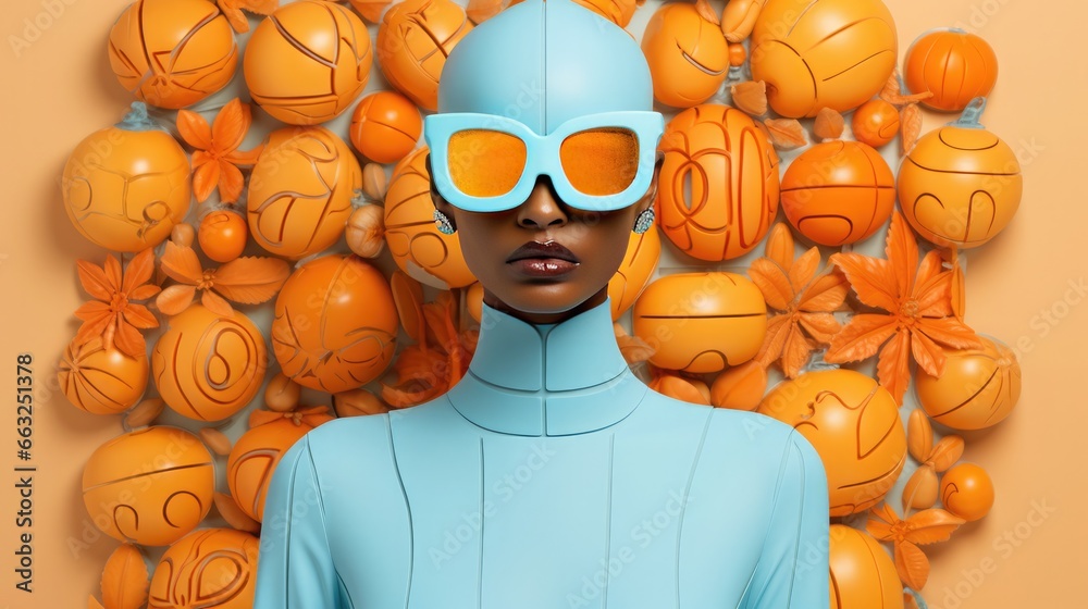 Creative portrait of a beautiful fashionable woman in Modern Halloween style. Orange, red and blue color. Creative portrait of a beautiful fashionable woman in Modern Halloween style. Orange, red and blue color.