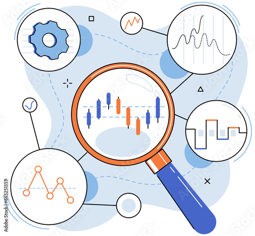 Bar chart viewed through magnifier. Concept of business growth, financial progress of startup project, statistical research, data analysis, development. Technical analysis, search for information