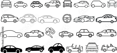 Car Vector Illustration, Automobile Collection, Vehicle Icons, Transportation Clipart, vector illustration of cars from different eras and styles, sedan, sports car, SUV, minivan, and pickup truck.