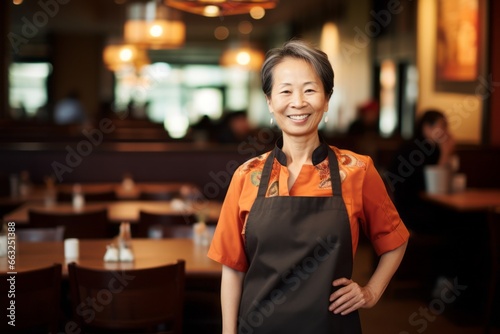 Portrait of smiling asian woman in apron standing in restaurant