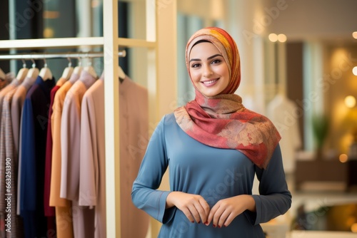 Portrait of a beautiful young muslim woman wearing hijab standing in a boutique