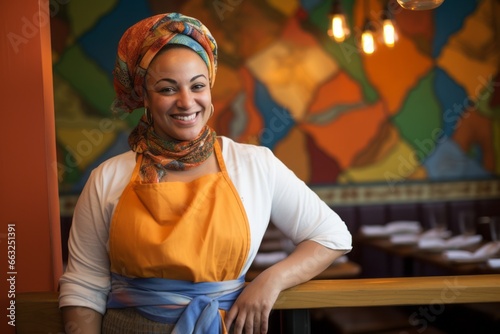 Portrait of smiling muslim woman with headscarf in restaurant photo