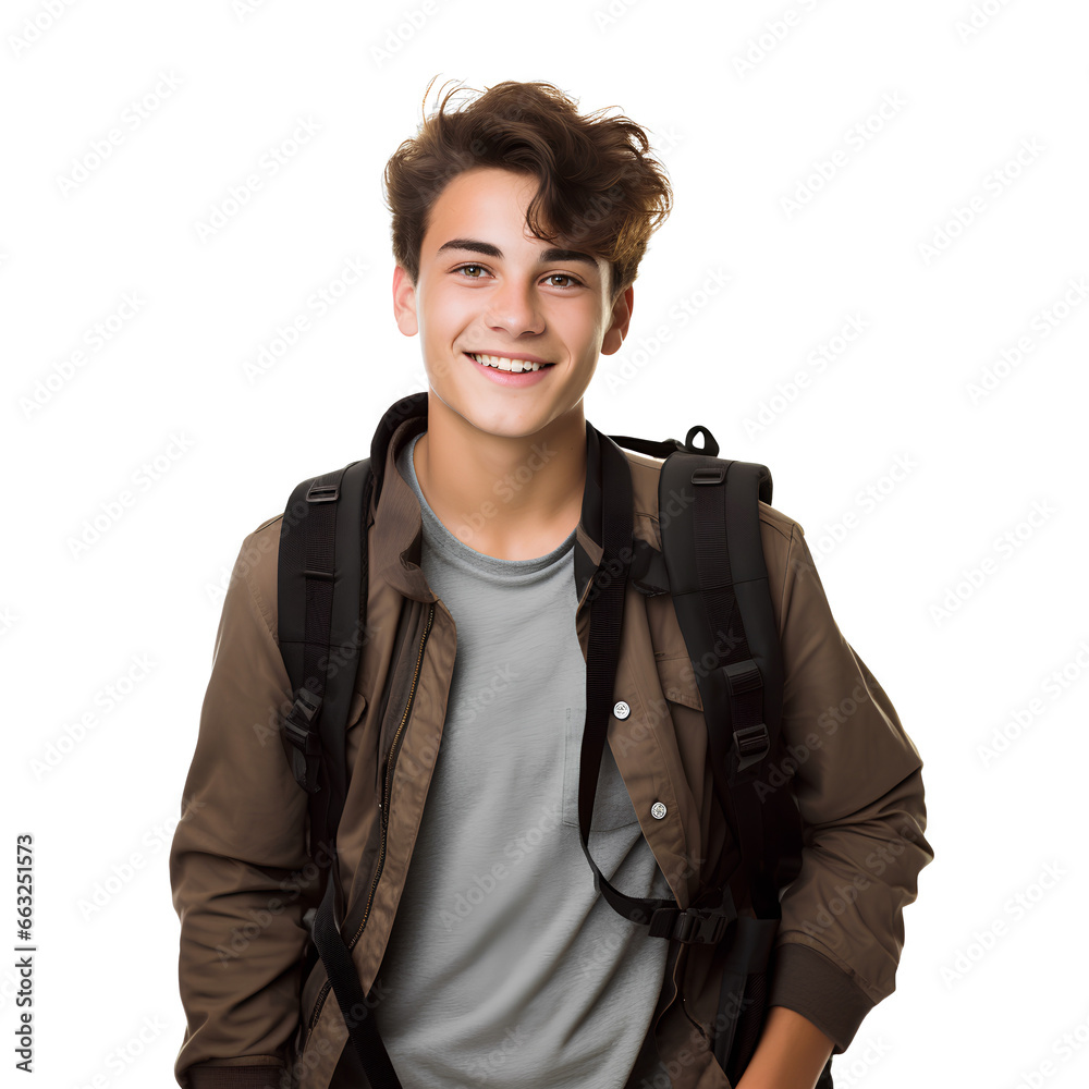Teenage boy carrying a backpack stands and smiles, on a transparent background Teenage boy carrying a backpack stands and smiles, on a transparent background