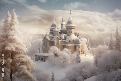 Winter fairyland with magical palace. Generative AI