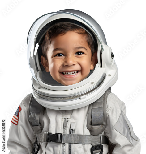 Latino boy in astronaut suitisolated on transparent background, PNG