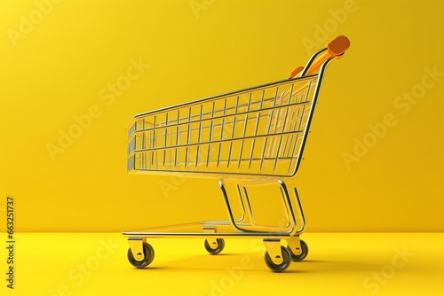 Metal shopping cart on yellow background. Shopping and purchase concept. 3D rendered mockup. Generative AI