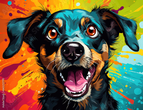 multicolored background with the image of a hungry dog, with funny facial expressions. Generative AI