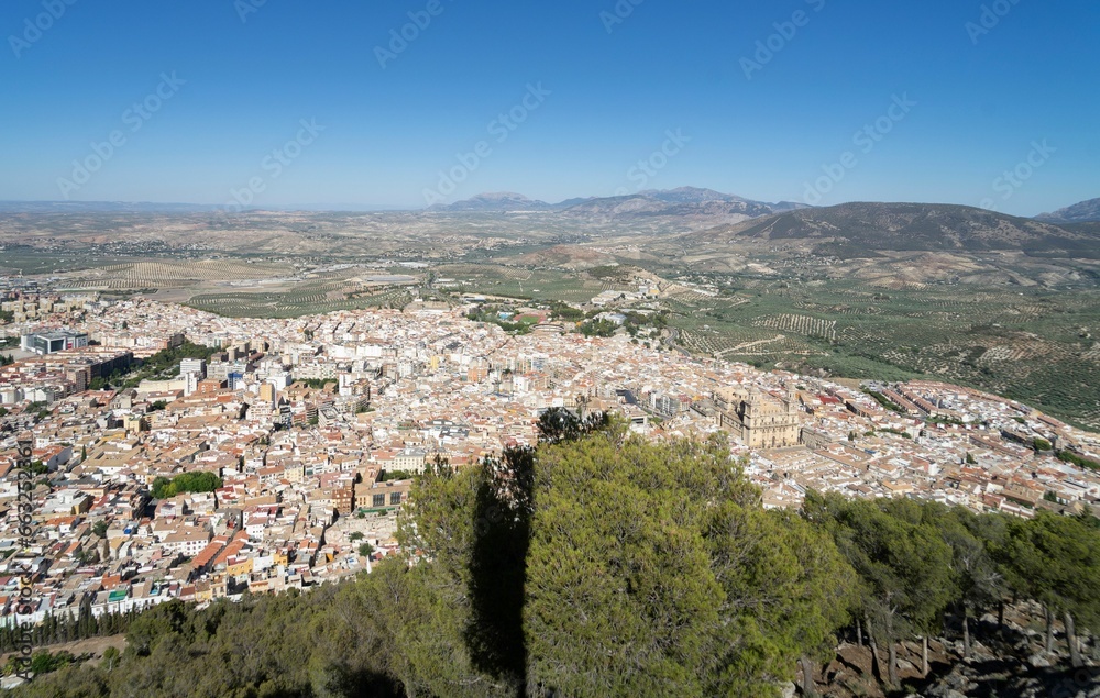 Aerial landscape of the city of Jaen with its houses and the cathedral as well as its mountains.