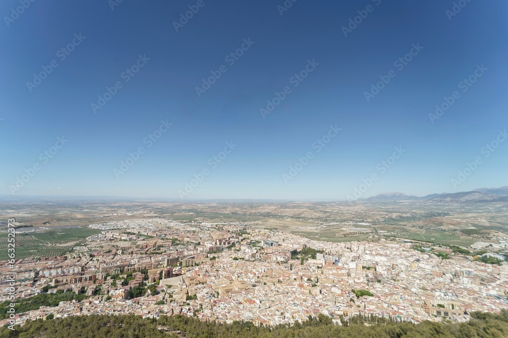 Panoramic view of the city of Jaen. Wide angle 14mm. Spectacular landscape with the city of Jaen.