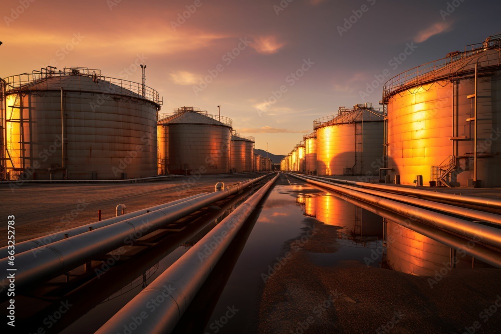 Obraz premium oil storage tanks in a refinery, connected by a maze of pipelines and valves, illuminated under the warm glow of the setting sun
