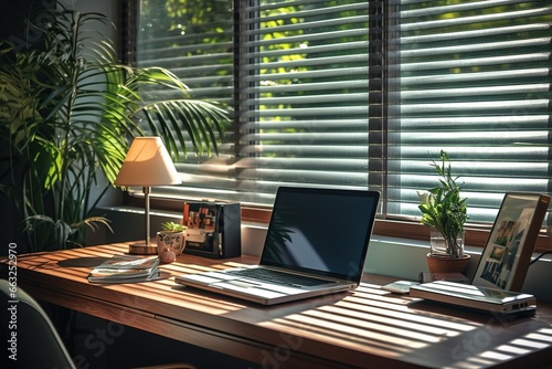 Wooden desk with laptop and chair in a room with potted plants. Beautiful shadow on the desk. Remote work concept.