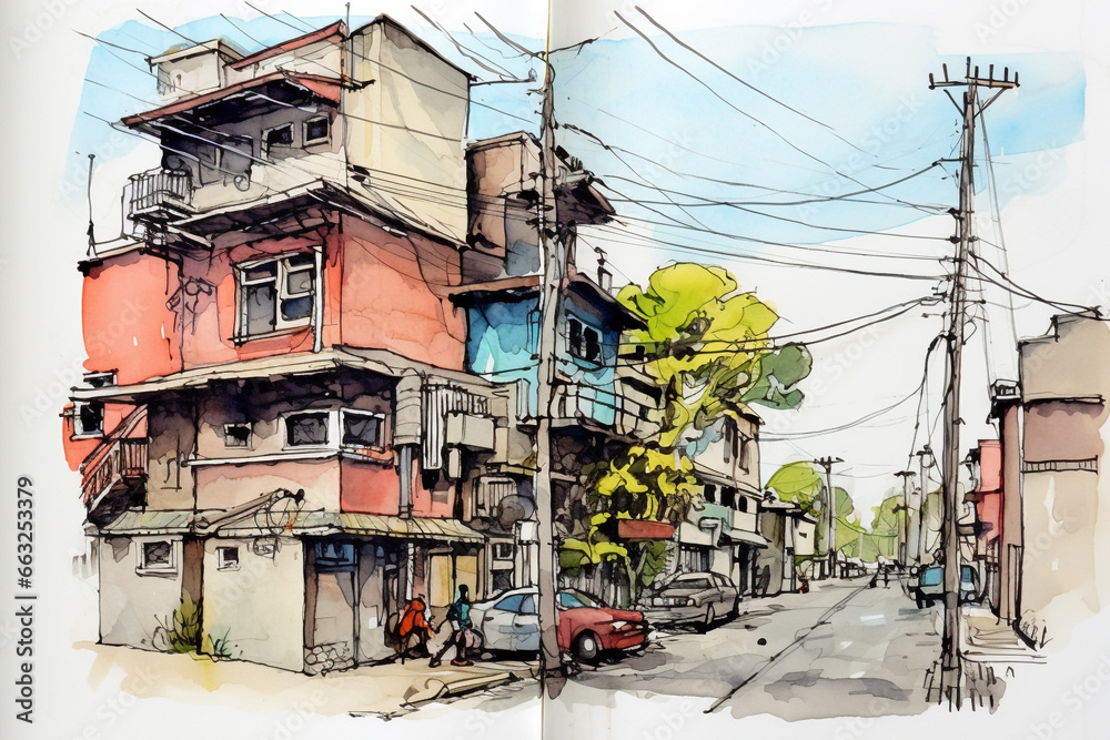 Naklejka premium Watercolor sketching of urban on old paper.