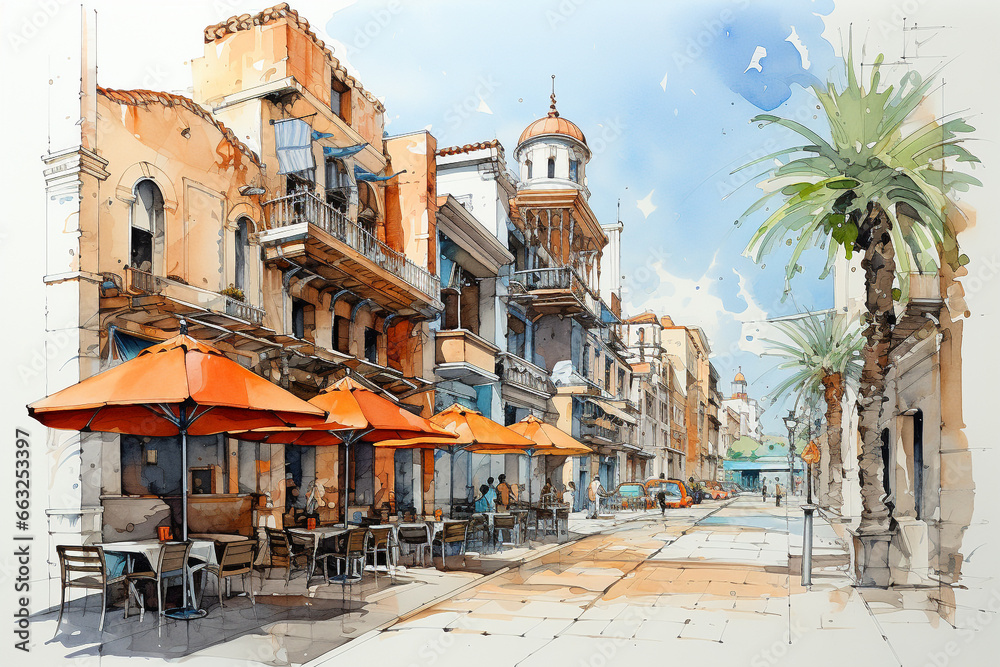 Fototapeta premium Watercolor sketching of urban on old paper.