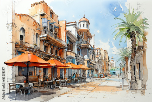 Watercolor sketching of urban on old paper.