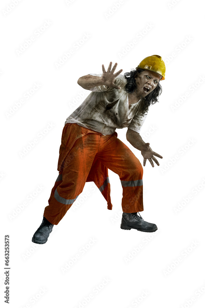 Fototapeta premium A scary construction worker zombie with blood and wounds on his body walking