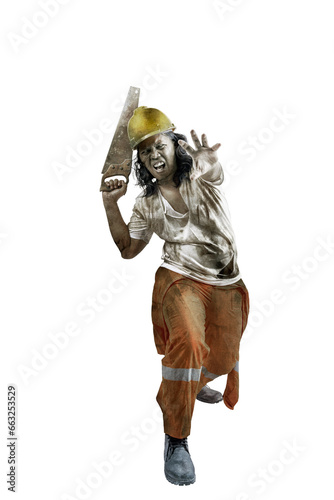 A scary construction worker zombie with blood and wounds on his body walking while carrying a saw