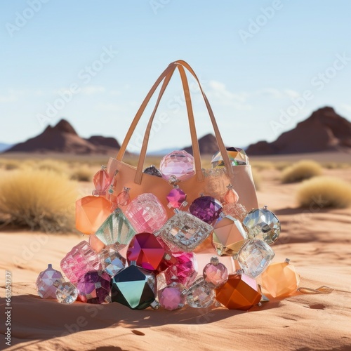 A mesmerizing sight of a pastel-colored bag adorned with sparkling diamonds and festive christmas baubles, resting on the warm desert sand under a surreal sky photo