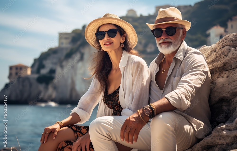 Happy couple sitting on the rocks of Amalfi Coast, Italy Happy couple sitting on the rocks of Amalfi Coast, Italy