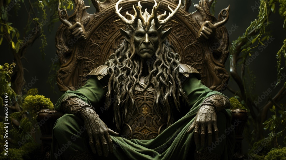 A man in a green robe and antlers sits on a chair in a dark room, a mythical creature or character.