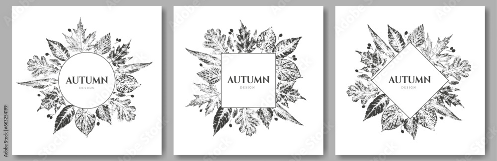 Set of hand drawn autumn leaves frames. Vector image in grunge style. Prints of tree leaves on a white background. Place for text. Design of a postcard, banner, greeting card, invitation.