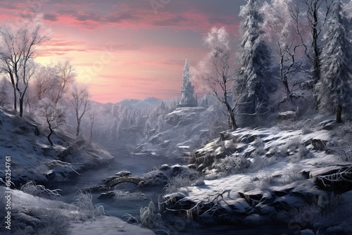 Magic winter scene with a widescreen, generative ai