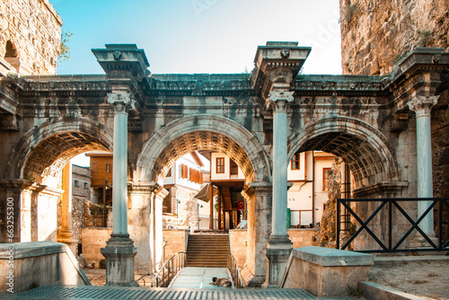 ANTALYA, Turkey: Hadrian Gate with all its majesty and historical textures. An ancient structure made of marble and limestone.