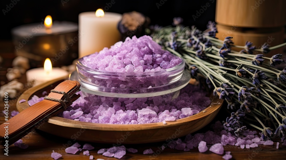 Pampering bath salt soak with the serene aroma of lavender. Aromatherapy, fragrant, tranquility, spa-worthy, stress relief, self-care, aromatic delight, rejuvenation. Generated by AI