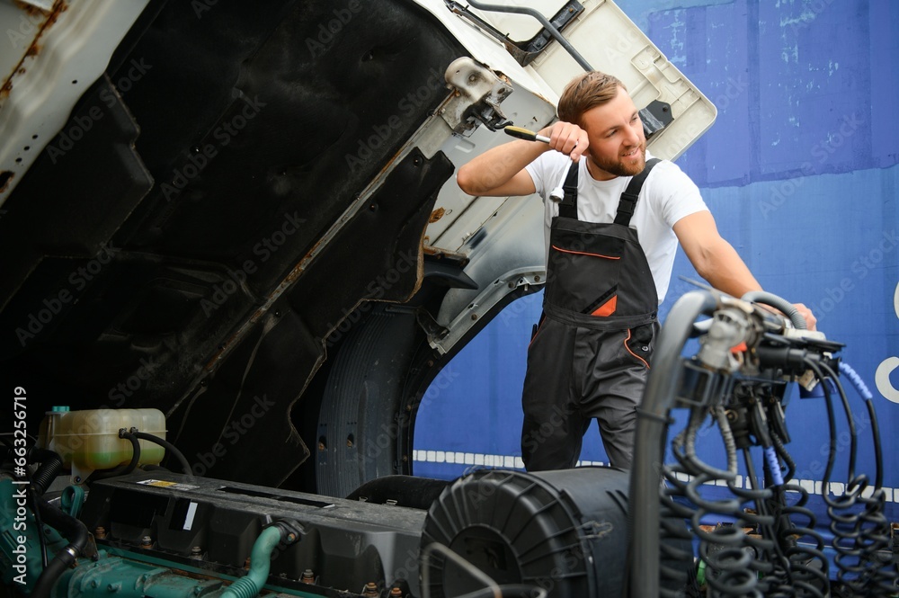 Fototapeta premium Man in uniform. Truck repair. Car malfunction