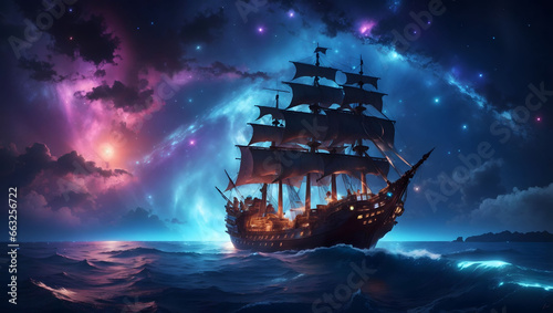 Pirate ship with galaxy on the sky