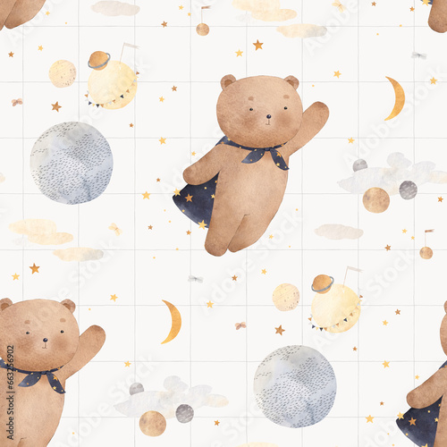 Cute bear cub flies among the stars and planets. Watercolor background. Seamless pattern.