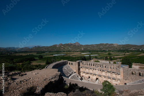 Roman amphitheater of the ancient city of Aspendos near Antalya  Turkey. An ancient ruined city.Aerial view.