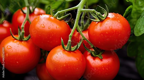 Vegetable, bunch, plump, ripe tomatoes on the vine, succulent, exquisite red hue, sun-ripened juiciness, burst of garden-fresh flavor. Generated by AI
