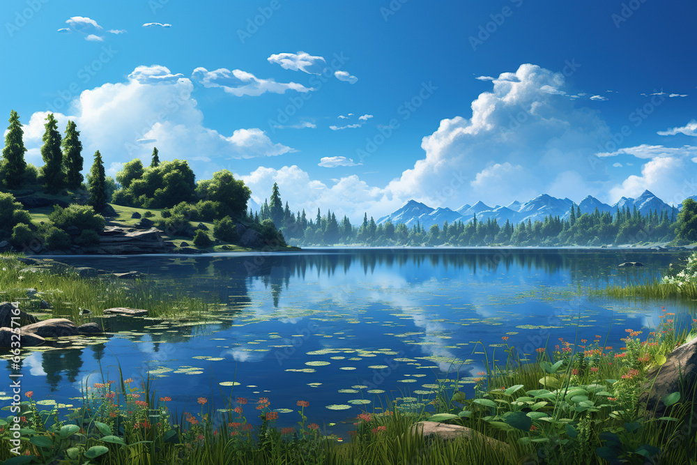 A tranquil lakeside scene, where the water is still and reflective, surrounded by lush greenery and a clear blue sky overhead
