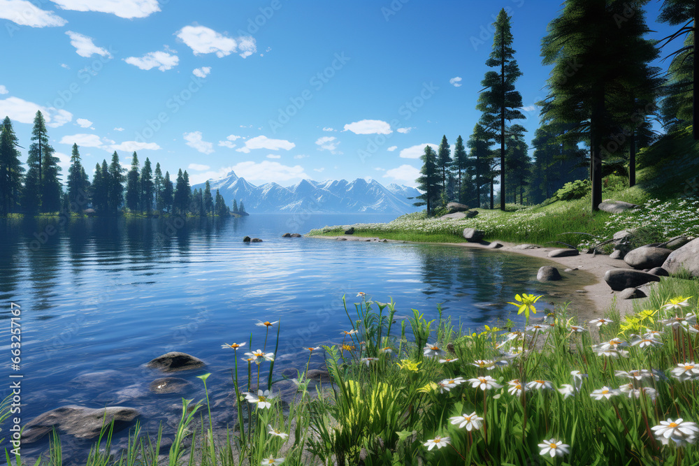 A tranquil lakeside scene, where the water is still and reflective, surrounded by lush greenery and a clear blue sky overhead - obrazy, fototapety, plakaty 