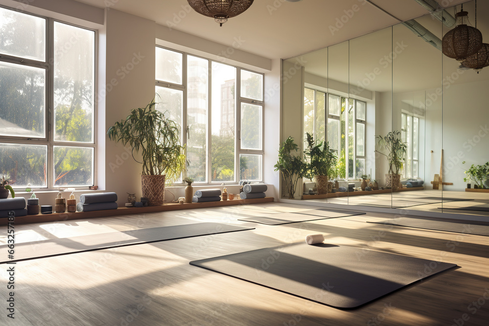 Fototapeta premium A yoga studio with large windows, allowing gentle sunlight to fill the room, and mats arranged neatly