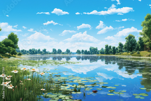 A tranquil lakeside scene, where the water is still and reflective, surrounded by lush greenery and a clear blue sky overhead