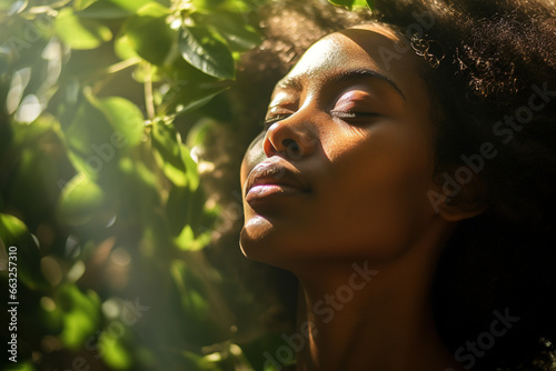  Soft sunlight filters through the leaves of a tree, casting dappled patterns on their skin. This image conveys a sense of inner peace and connection with nature