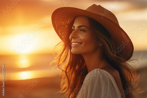 Close-up of a woman looking at a quiet beach at sunset. with a happy mood