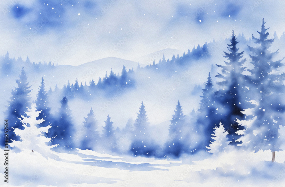 snow covered winter wonderland watercolor painting artwork