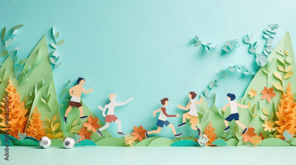 Energetic children playing soccer in the field competing and cheering as a team made in paper cut craft - obrazy, fototapety, plakaty 