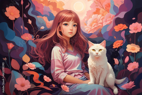 A girl and a cat in a calming setting, surrounded by a warm and cozy environment. This concept celebrates the therapeutic qualities of a cat's purr.