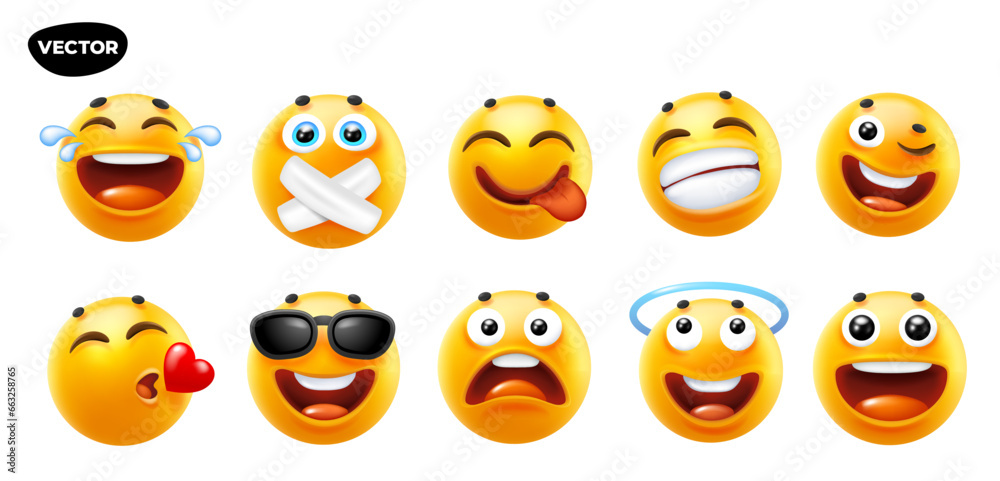 3d vector style design of funny set of emoji with smile, heart, tongue, halo and sad tear. Vector cool collection of illustration of happy fun yellow color emoticon with different emotion 3d vector style design of funny set of emoji with smile, heart, tongue, halo and sad tear. Vector cool collection of illustration of happy fun yellow color emoticon with different emotion